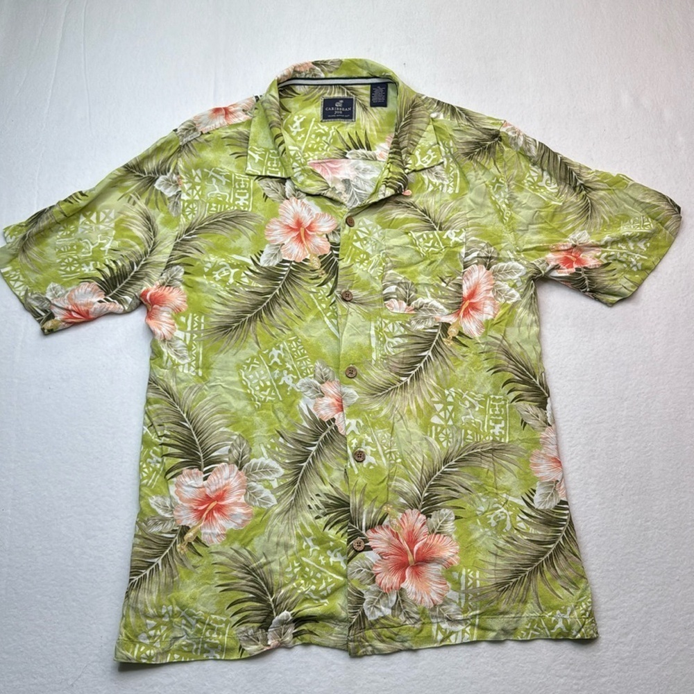 Caribbean Joe Mens Size XL Short Sleeve Full Button Down Floral 100% Rayon green